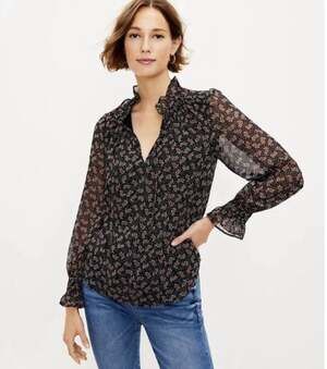 LOFT Black Long Sleeve Floral Top Medium